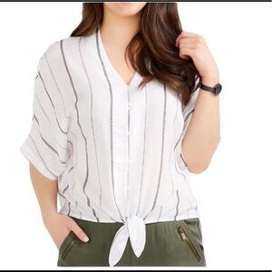 REITMANS Stripe Dolman Tie Front Blouse/Top With Crop Sleeves Ivory Size Small